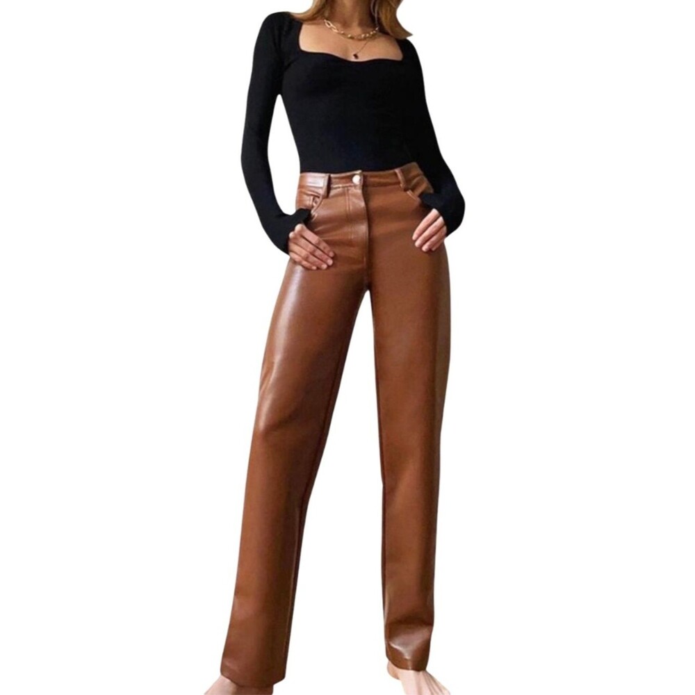 Wilfred Aritzia Melina Brown Faux Leather High Rise Straight Leg Pants Size 14